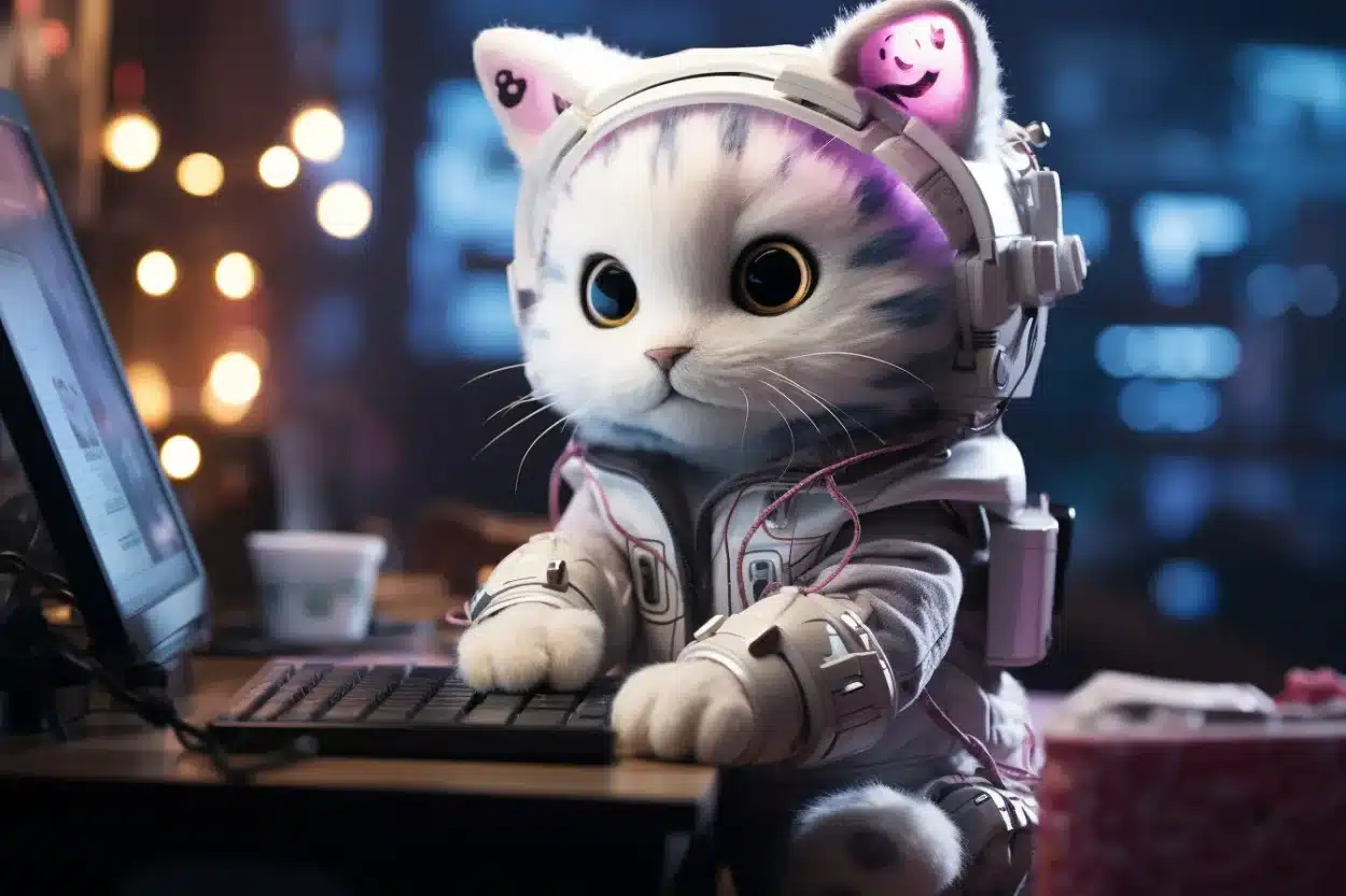 elec store cat wearing space suit keyboard