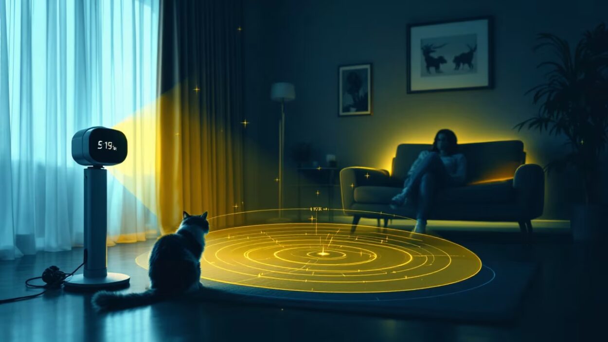 Un détecteur discret près d’un salon, une personne assise, un chat au sol et des zones de détection matérialisées autour du mobilier.