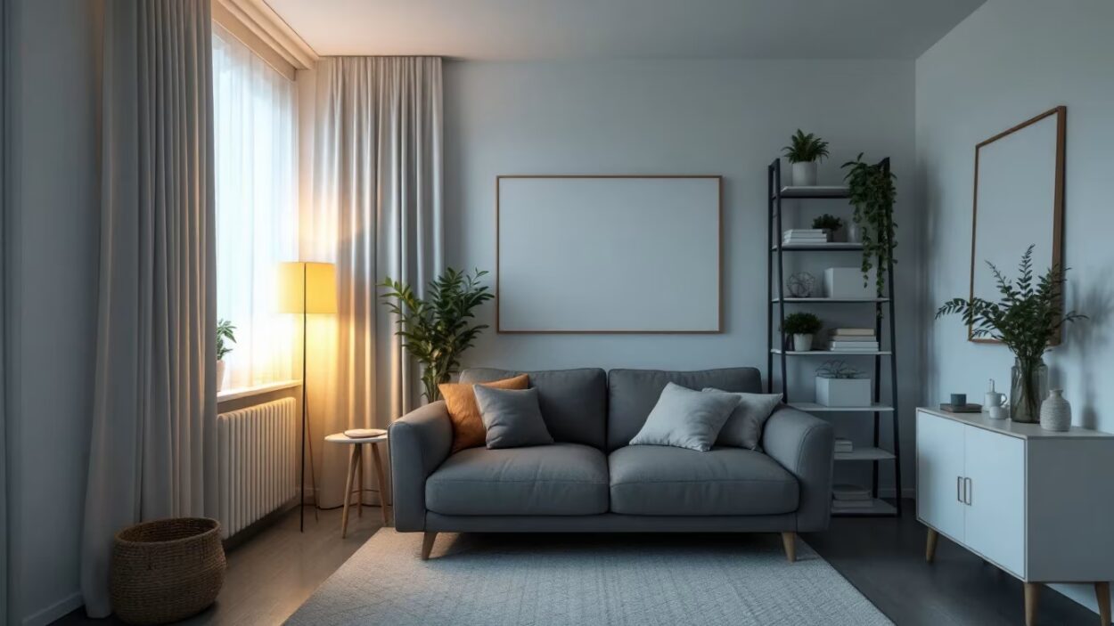 Salon domotique après coupure, volets à demi fermés, radiateur et lampe affichant des états différents, box silencieuse sur une étagère.