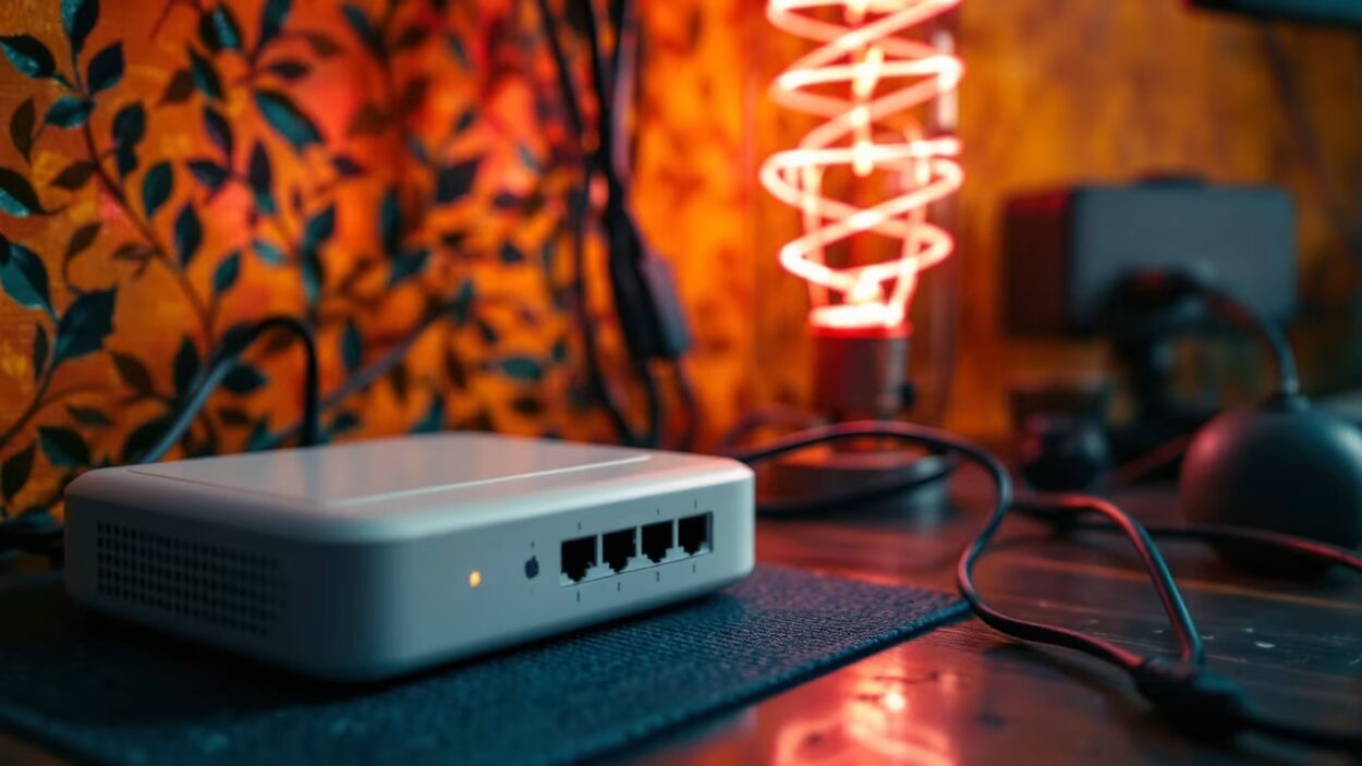 Une box Internet, un ONT et un routeur séparés sont branchés près d’une prise secourue, avec câbles ordonnés.