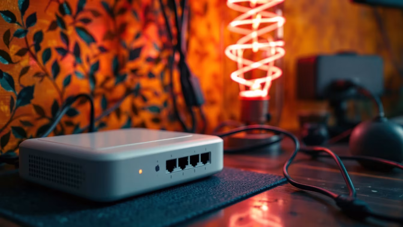 Une box Internet, un ONT et un routeur séparés sont branchés près d’une prise secourue, avec câbles ordonnés.